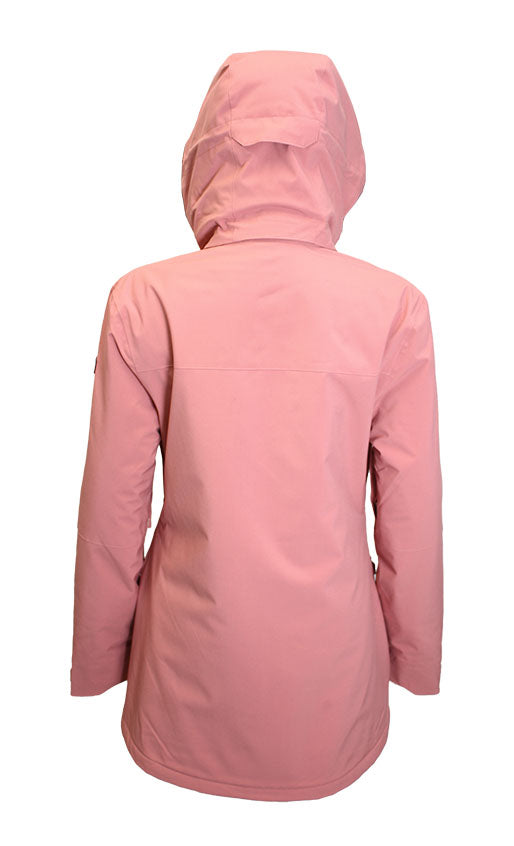Turbine Women's Powday Insulated Jacket - A dusty rose-colored jacket with a hood, featuring a zippered front and two pockets on either side.