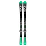 Head Unisex SUPERSHAPE E-MAGNUM Skis with PRD 12 GW Bindings - Black skis with green accents and white lettering.