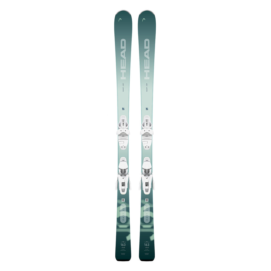 Head Women's Easy Joy Skis with Joy 9 GW SLR Bindings - A pair of skis with a light green gradient color scheme and white bindings, featuring the word "HEAD" in large letters on both skis.