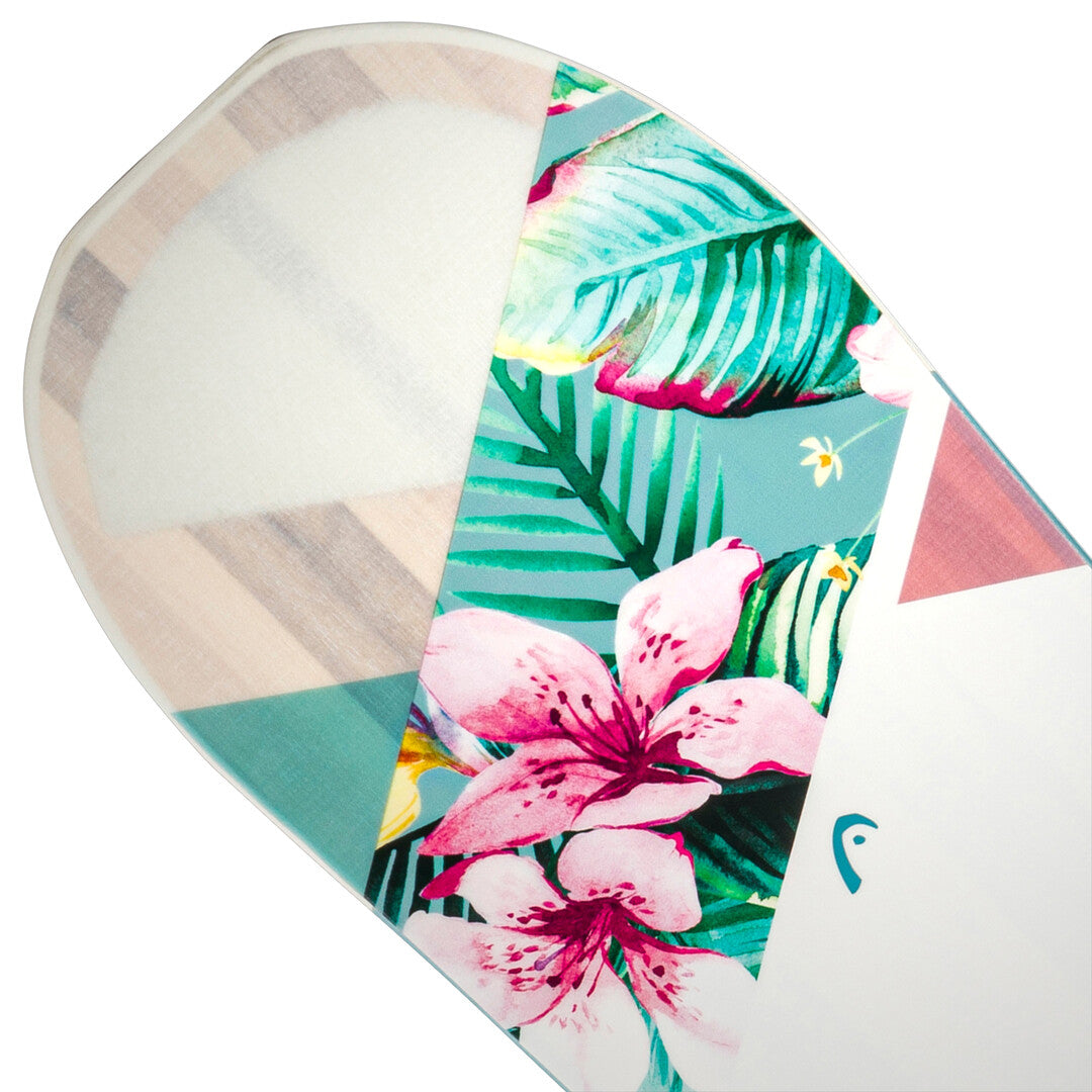 Head Women's Everything LYT Snowboard 2025 - A white snowboard with a pink floral pattern on the tail and a geometric design on the top sheet.