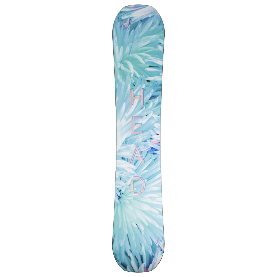 Head Women's Shine LYT Snowboard 2025 - A light blue snowboard with a floral pattern and pink lettering on the top side.