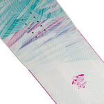 Head Women's Shine LYT Snowboard 2025 - A white snowboard with a pink and purple palm leaf pattern on top, featuring silver screws along the binding area.