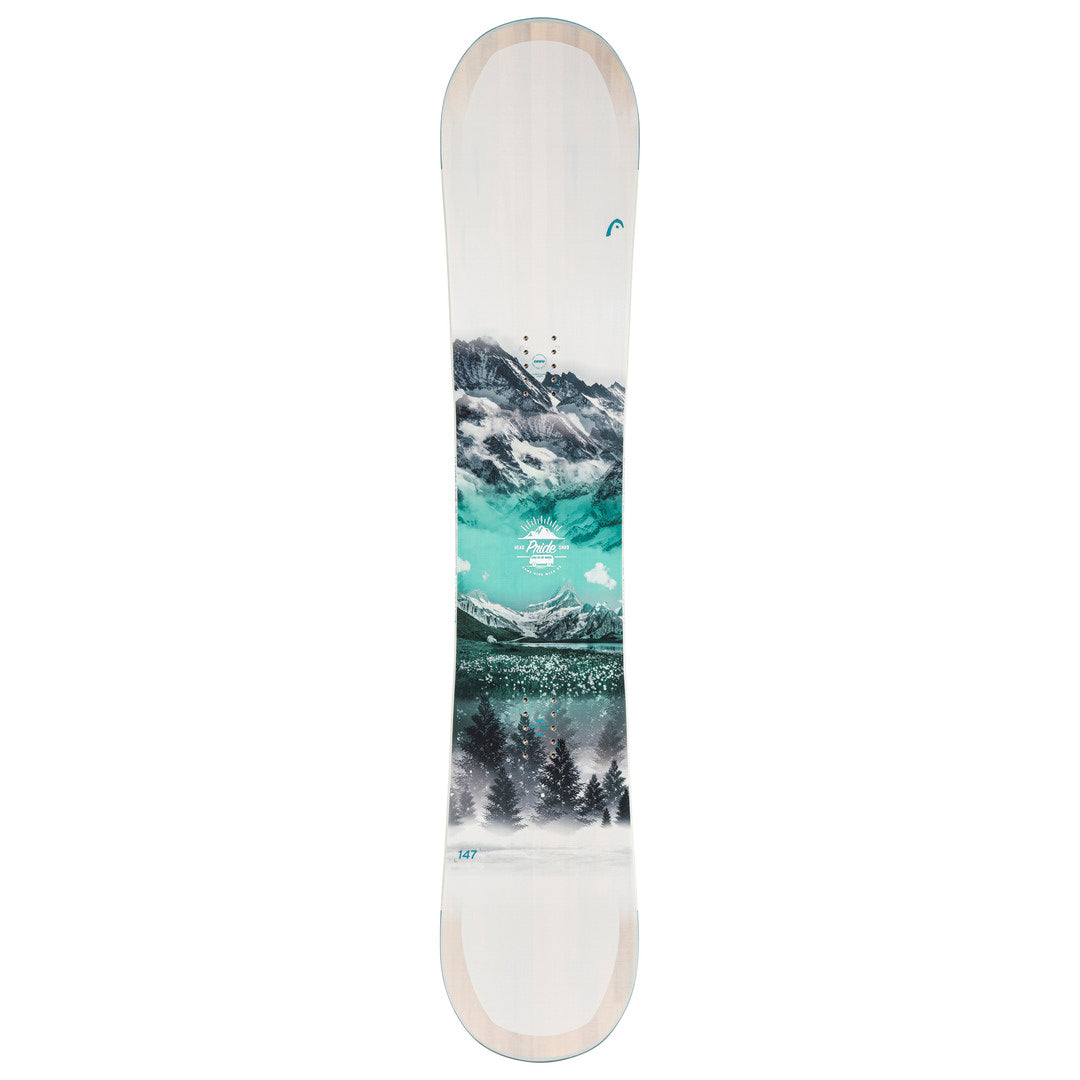 Head Women's Pride 2.0 Snowboard 2025 - A white snowboard with a mountain range and sun graphic on top.