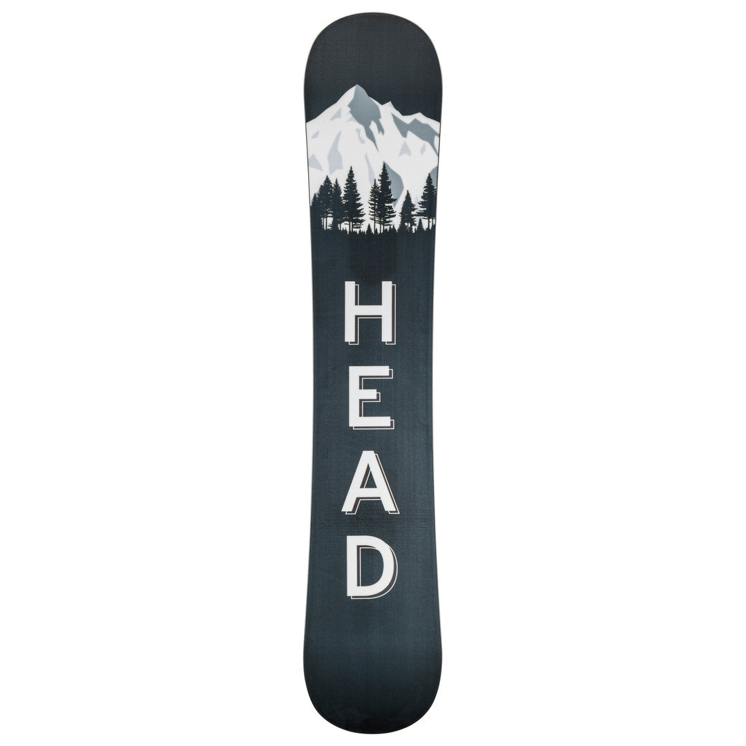 Head Transit Snowboard 2025 - A black snowboard with a white logo on top and a small, rectangular sticker near the tail.