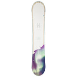 Head Women's Stella Snowboard 2025 - A white snowboard with a purple and green aurora borealis design on the bottom half of the board.