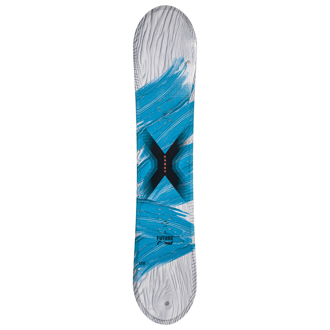 Head Rowdy Flex Junior Snowboard 2025 - A blue snowboard with a black "X" logo and white text that reads "ROWDY".