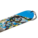 Head Rowdy Kid Snowboard 2025 - A blue snowboard with a geometric pattern of yellow, green, brown and gray shapes on its top surface.