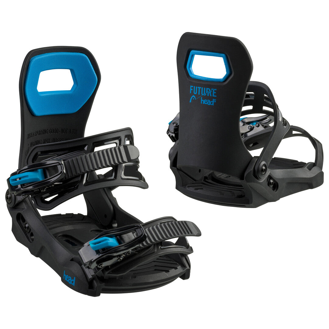Head Youth LYTRIDE JR Snowboard Bindings 2025 - Black snowboard bindings with blue accents and a rectangular window on top of the left binding.
