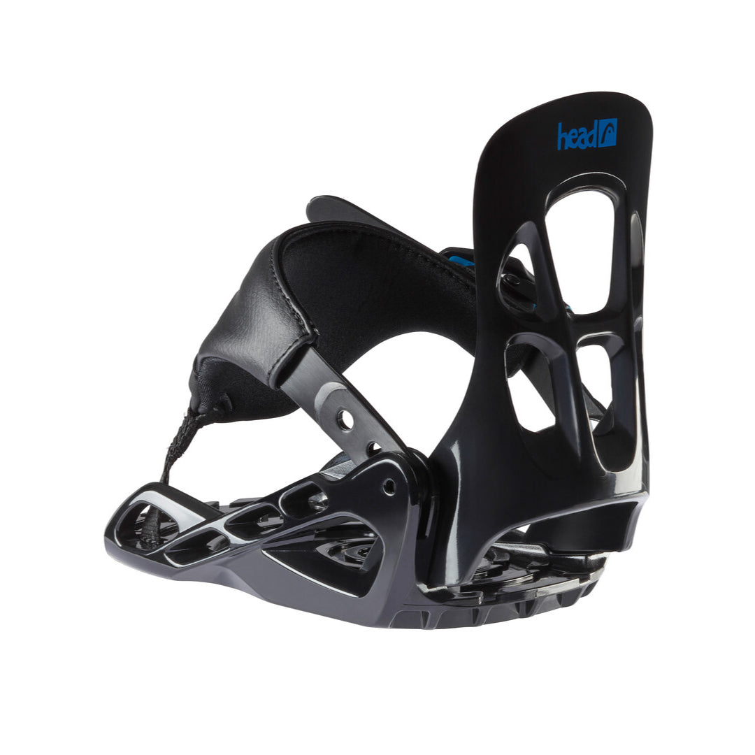 Head P KID Snowboard Binding - A black snowboard binding with a blue logo on top, featuring a strap and buckles.