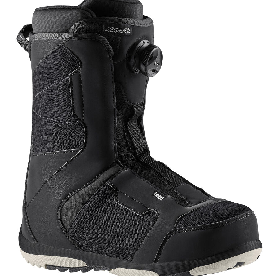 Head Women's LEGACY BOA Snowboard Boots 2025 - Black snowboard boots with a textured pattern on the upper material and white accents on the sole.