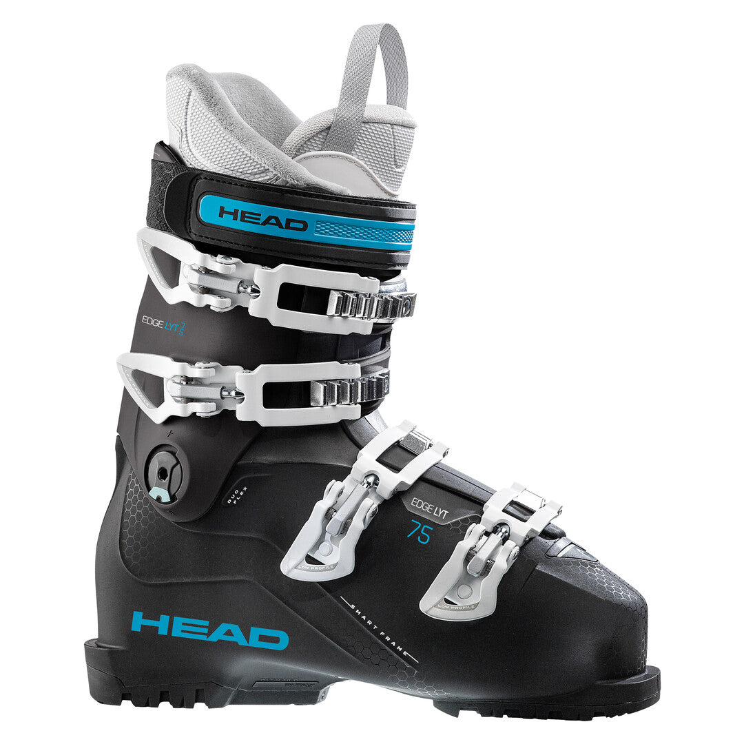 Head Women's Edge LYT 75 HV Ski Boots 2025 - Black ski boot with blue accents and white buckles.