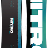 Nitro snowboard with black and teal design on a white background