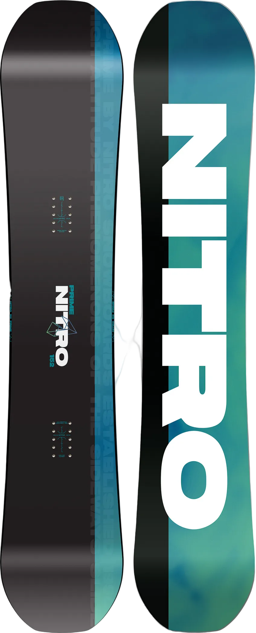 Nitro snowboard with black and teal design on a white background
