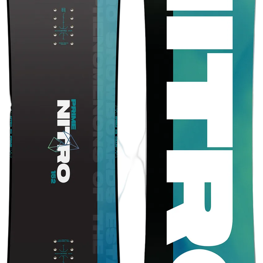 Nitro snowboard with black and teal design on a white background