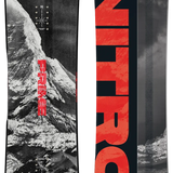 Snowboard with 'Nitro' branding and mountain graphic on a gray background