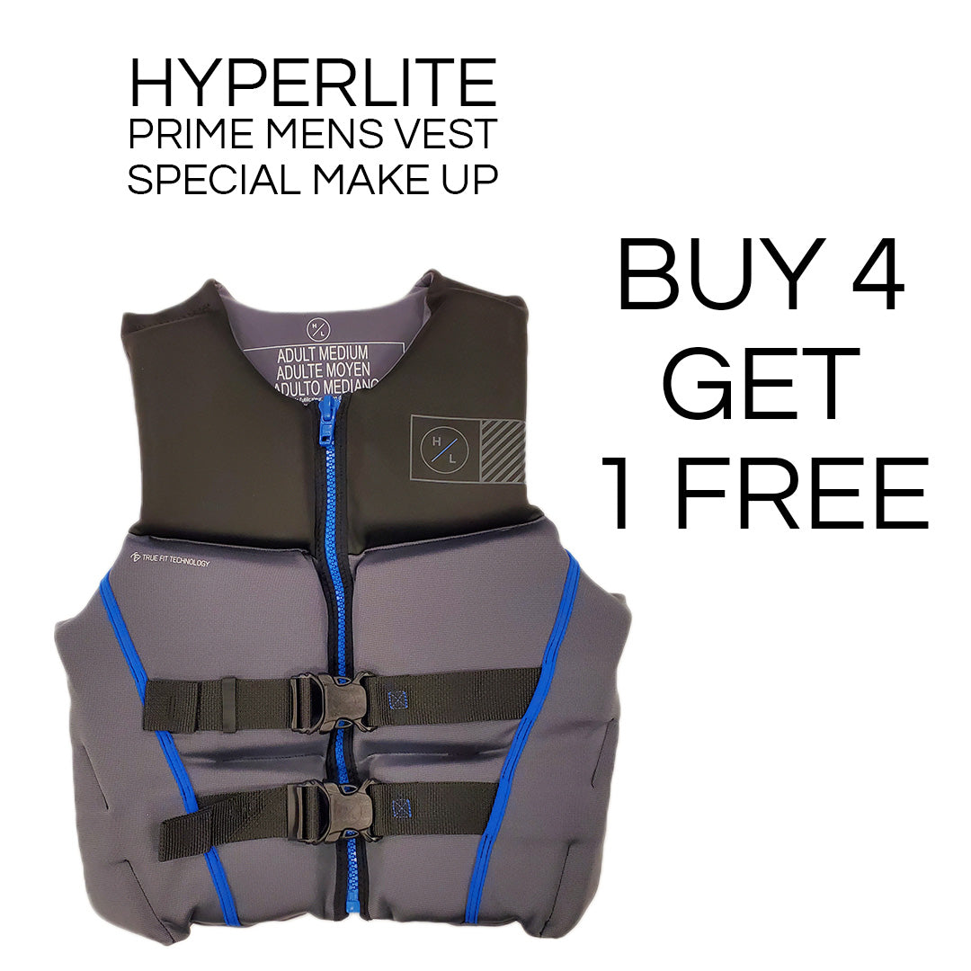 Hyperlite Prime CGA Wake Vest - A gray life jacket with a blue zipper and black buckles, featuring a white "CGA" logo on the chest.