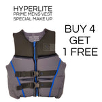 Hyperlite Prime CGA Wake Vest - A gray life jacket with a blue zipper and black buckles, featuring a white "CGA" logo on the chest.