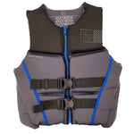 Hyperlite Prime CGA Wake Vest - A gray life vest with blue accents, featuring a zipper down the front and two black buckles in the middle.