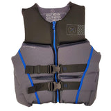 Hyperlite Prime CGA Wake Vest - A gray life vest with blue accents, featuring a zipper down the front and two black buckles in the middle.