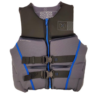 Hyperlite Prime CGA Wake Vest - A gray life vest with blue accents, featuring a zipper down the front and two black buckles in the middle.