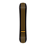 Never Summer Proto FR Snowboard 2025 - A black snowboard with a yellow stripe down the middle and "NS" in yellow at the bottom.
