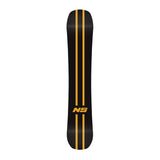 Never Summer Proto FR Snowboard 2025 - A black snowboard with a yellow stripe down the middle and "NS" in yellow at the bottom.