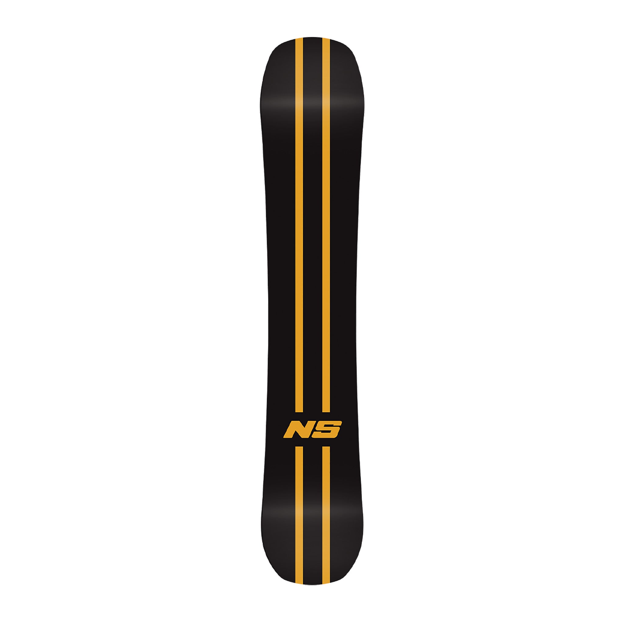 Never Summer Proto FR Snowboard 2025 - A black snowboard with a yellow stripe down the middle and "NS" in yellow at the bottom.