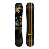 Never Summer Proto FR Snowboard 2025 - A black snowboard with a large, abstract design featuring blue and yellow hues.