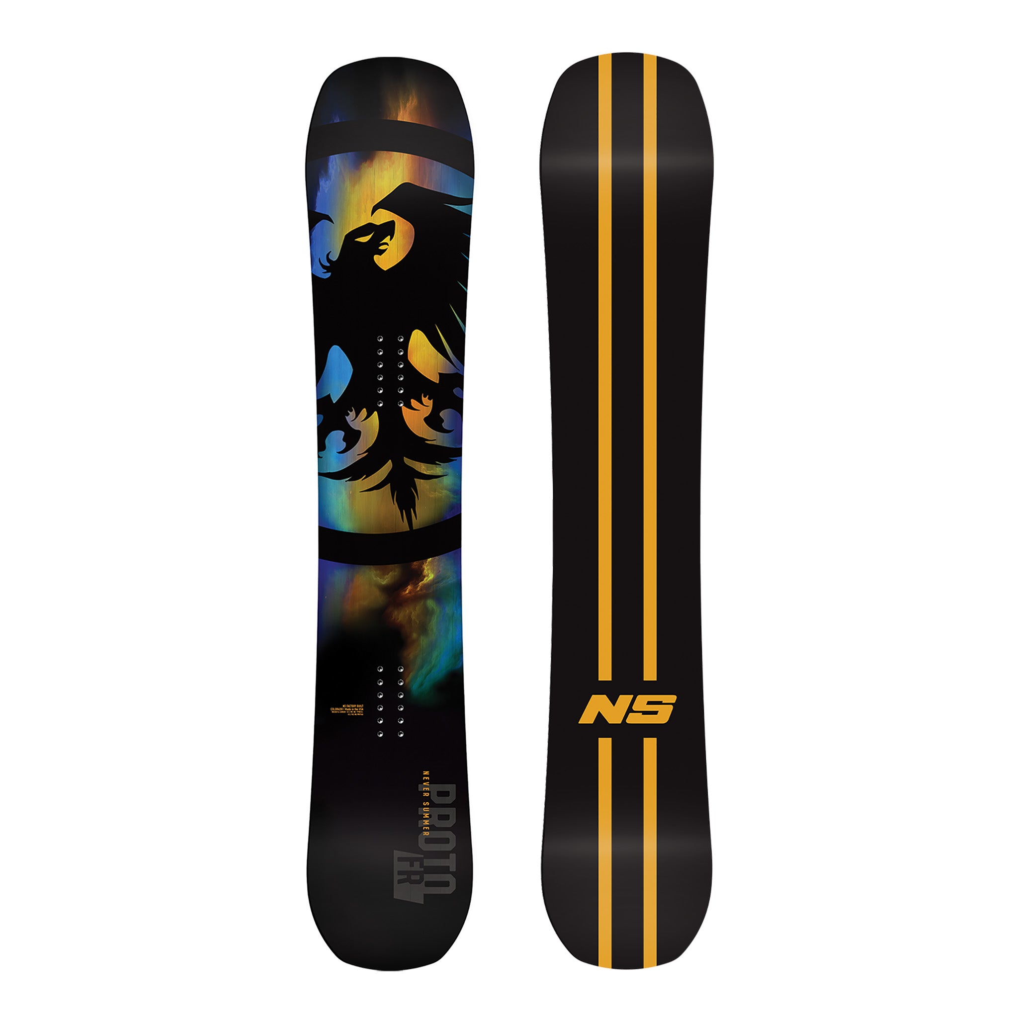 Never Summer Proto FR Snowboard 2025 - A black snowboard with a large, abstract design featuring blue and yellow hues.