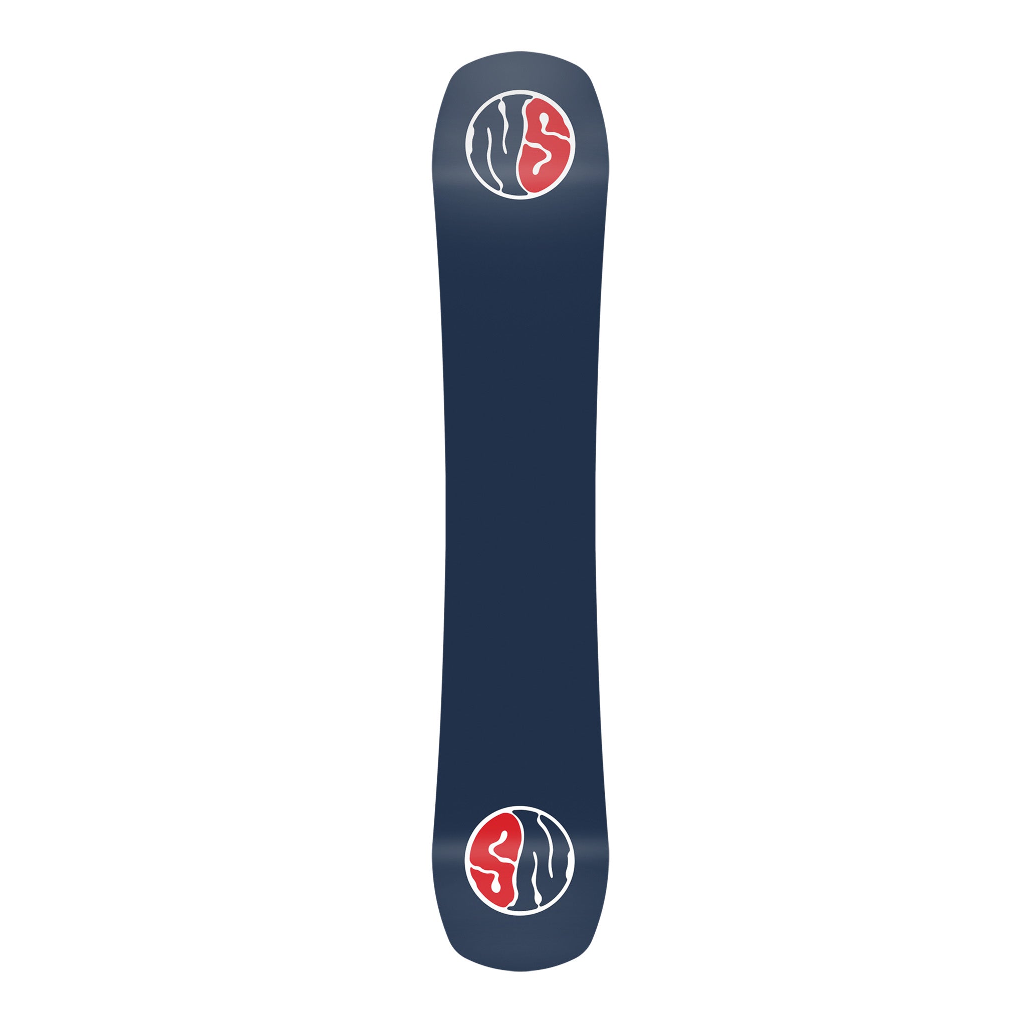 Never Summer Proto Slinger Snowboard 2025 - A dark blue snowboard with a red and white logo on top of the nose and tail.