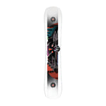 Never Summer Proto Slinger Snowboard 2025 - A black snowboard with a red and white logo on top, featuring a blue and green design in the middle.
