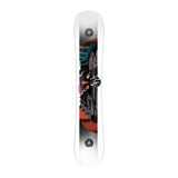 Never Summer Proto Slinger Snowboard 2025 - A black snowboard with a red and white logo on top, featuring a blue and green design in the middle.