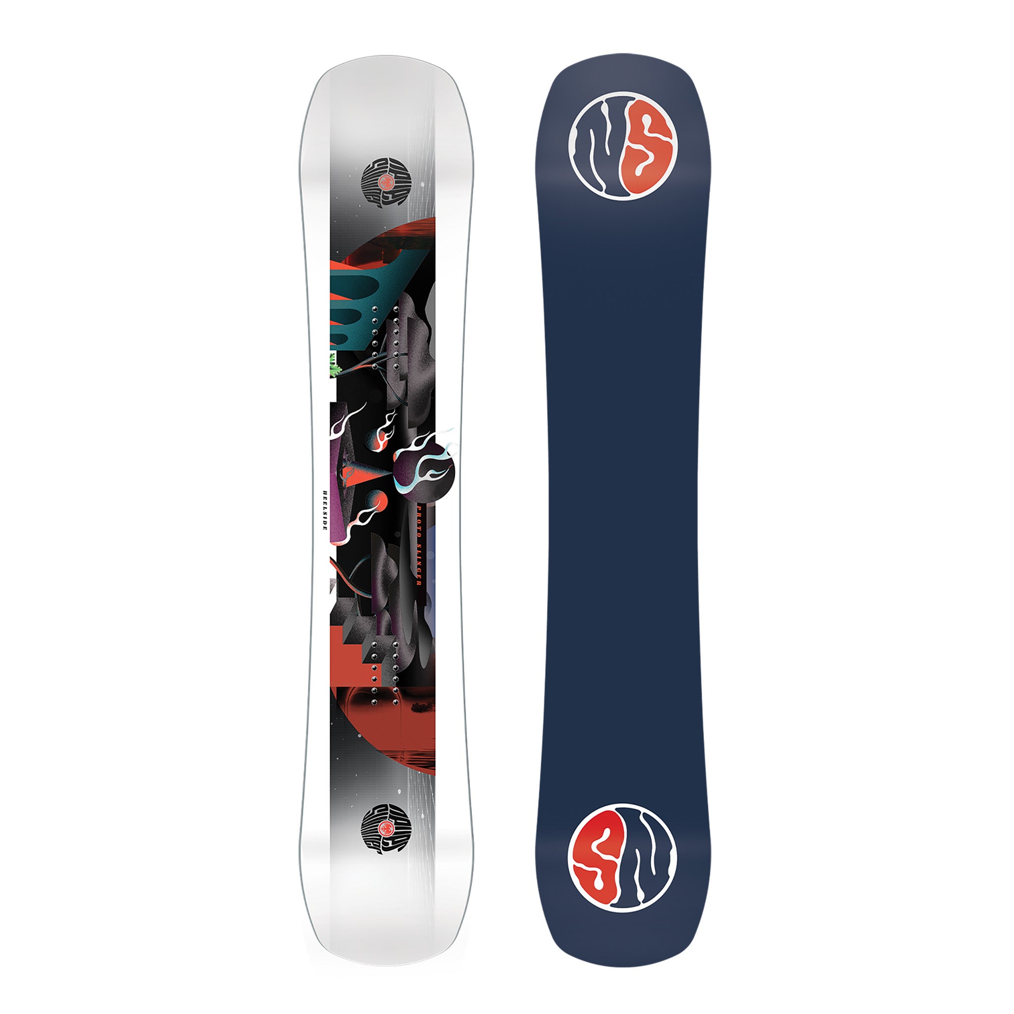 Never Summer Proto Slinger Snowboard 2025 - A snowboard with a black base and red accents, featuring a distinctive flame design on its top surface.