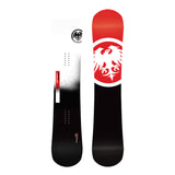 Never Summer Proto Synthesis Snowboard 2025 - A black snowboard with a white logo featuring two birds facing each other, one on top of the other.