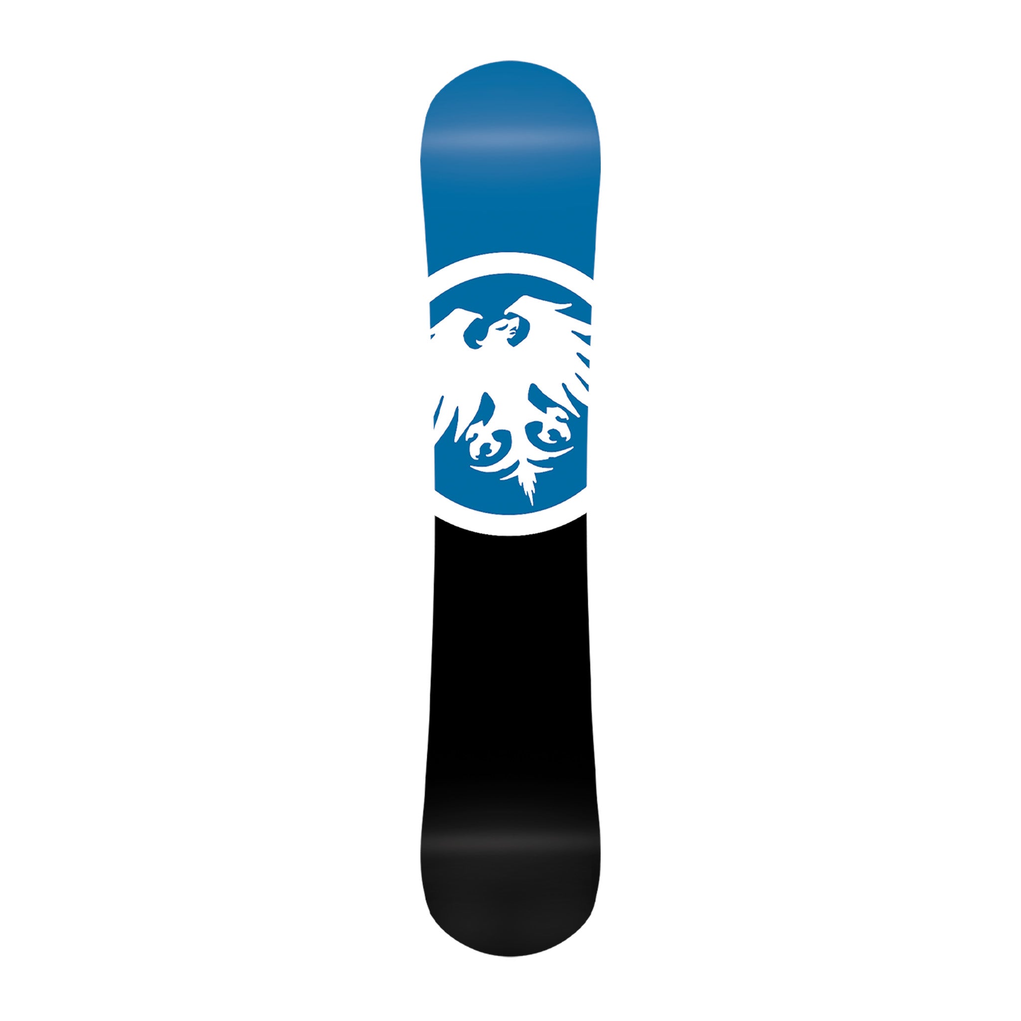 Never Summer Proto Ultra Snowboard 2025 - A blue snowboard with a white logo featuring an eagle's head and wings, set against a solid white background.