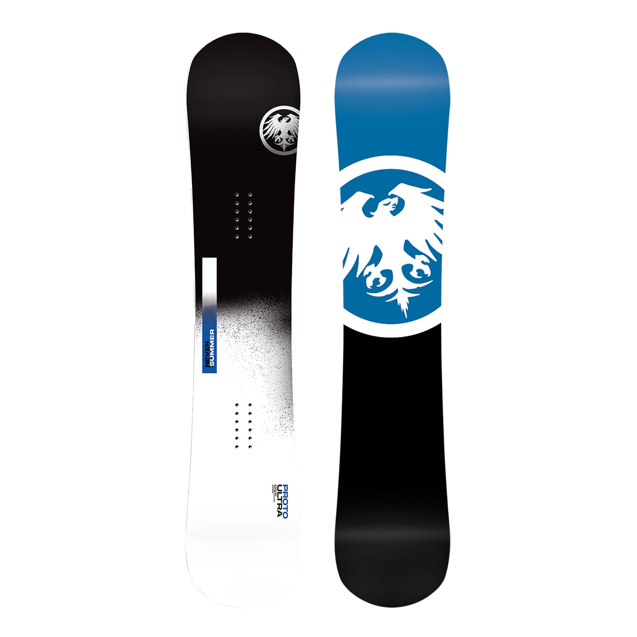Never Summer Proto Ultra Snowboard 2025 - A black snowboard with a white logo featuring an eagle in flight, positioned at the top center of the board.