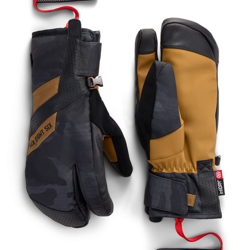Black camo ski trigger mitts with tan palm and wrist strap, padded knuckle panel