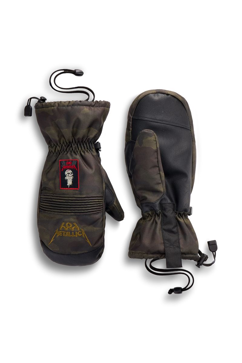 686 Lander mitts in olive camo with patch accents, insulated gloves, wrist strap