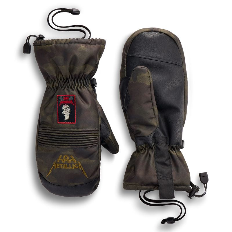 686 Lander mitts in olive camo with patch accents, insulated gloves, wrist strap