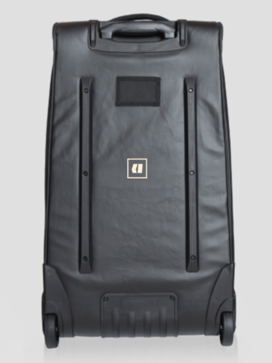 Armada Travel Roller 90L Bag 2025 - Black bag with black wheels and handle, standing upright on a white background.