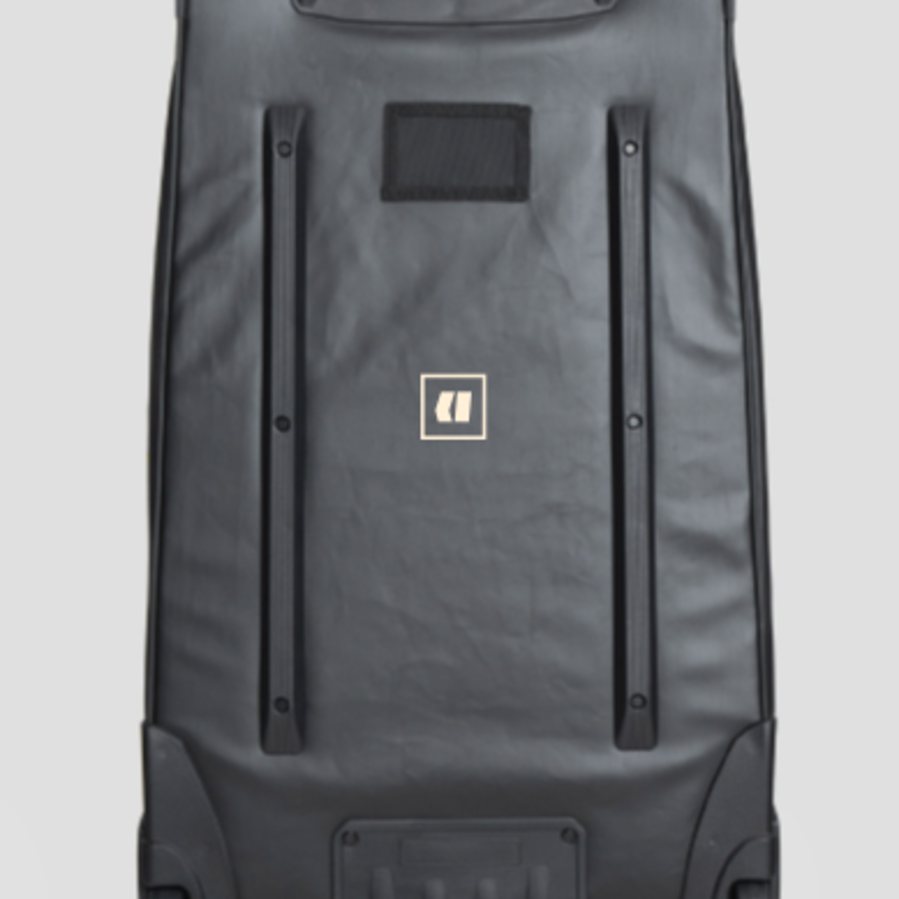 Armada Travel Roller 90L Bag 2025 - Black bag with black wheels and handle, standing upright on a white background.