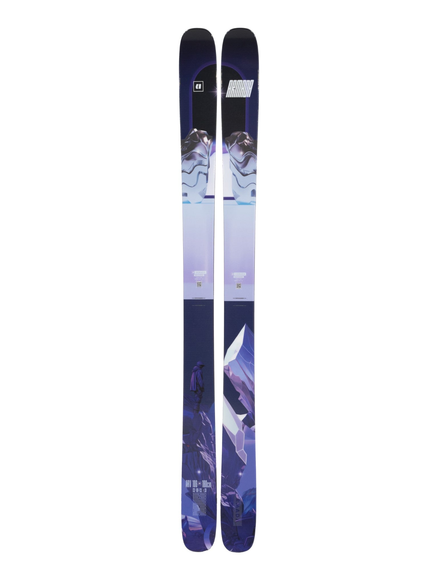 Armada ARV 106 Skis 2025 - A pair of skis with a dark blue base and white accents, featuring a mountain graphic on the top sheet.