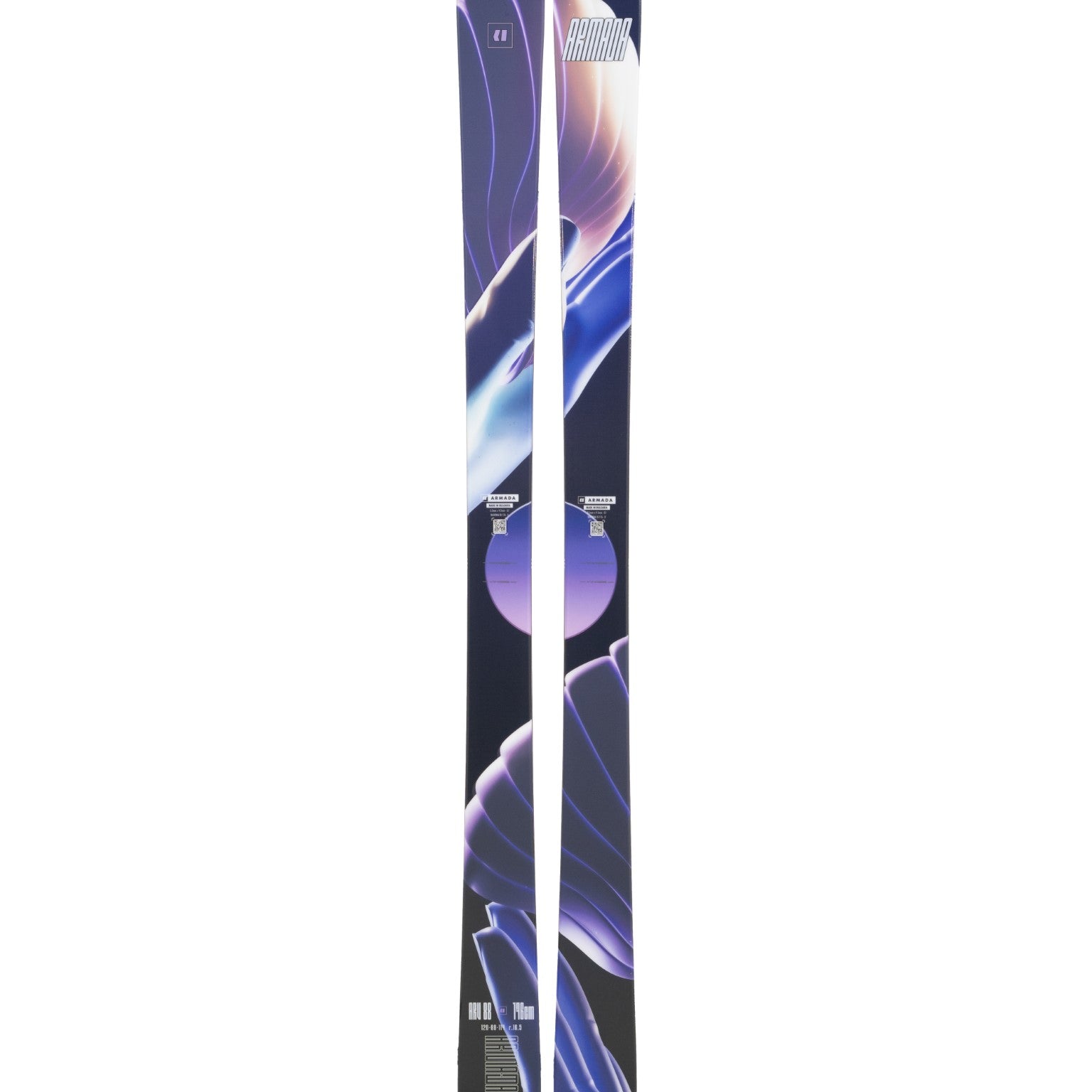 Armada ARV 88 Skis 2025 - A pair of skis with a dark blue base and white accents, featuring a distinctive logo on the top.