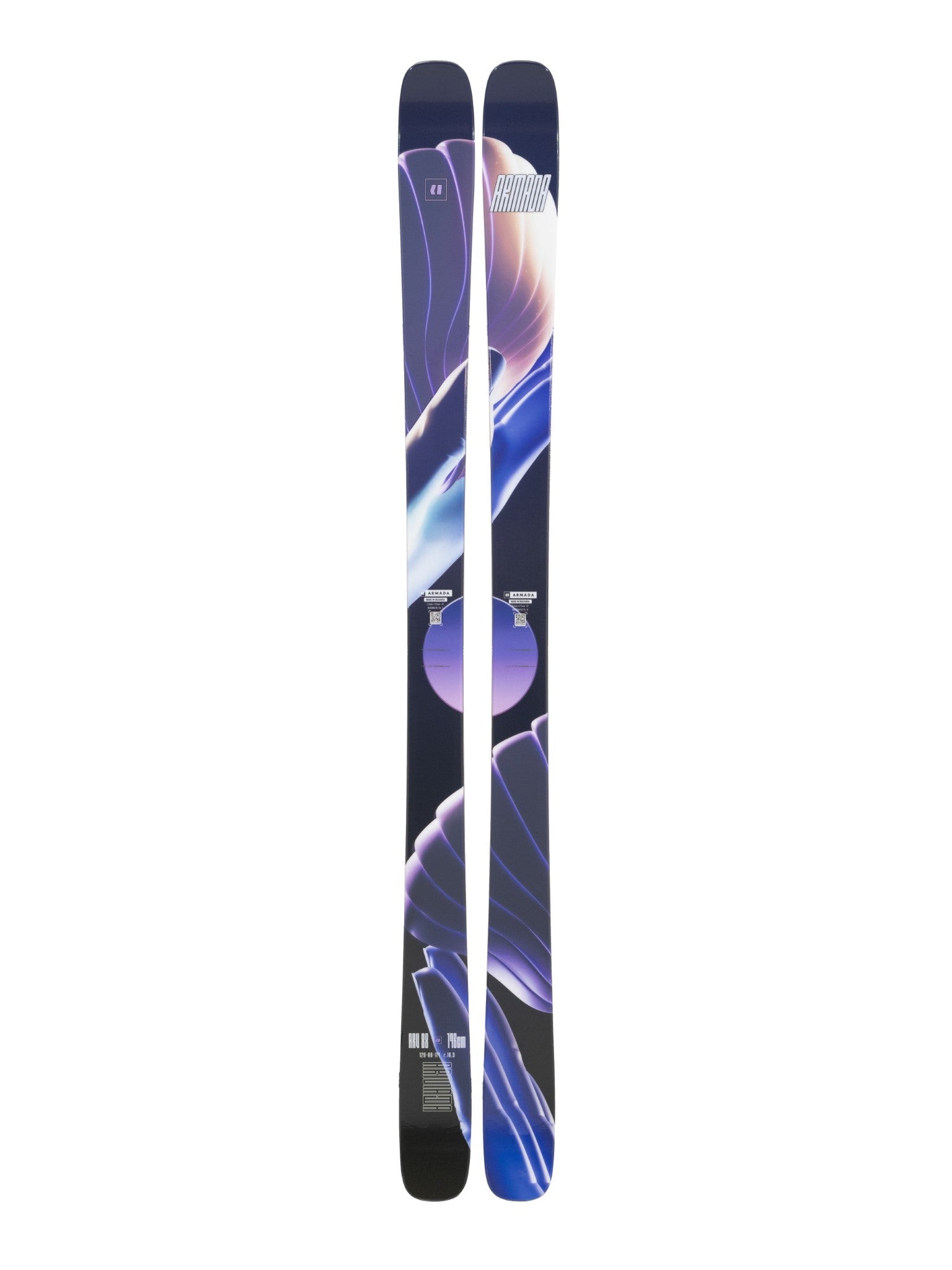 Armada ARV 88 Skis 2025 - A pair of skis with a dark blue base and white accents, featuring a distinctive logo on the top.