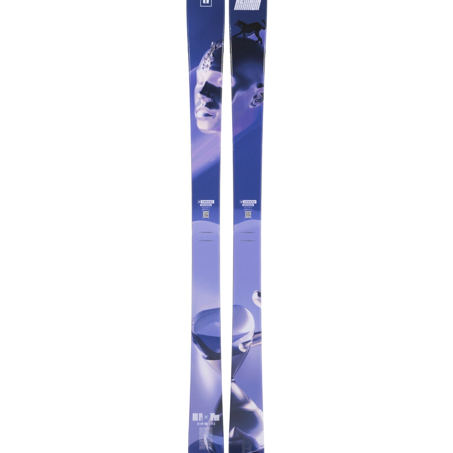 Armada ARV 84 Long Skis 2025 - A pair of skis with a blue and white color scheme, featuring a graphic design on the top sheet that includes a mountain range and trees.
