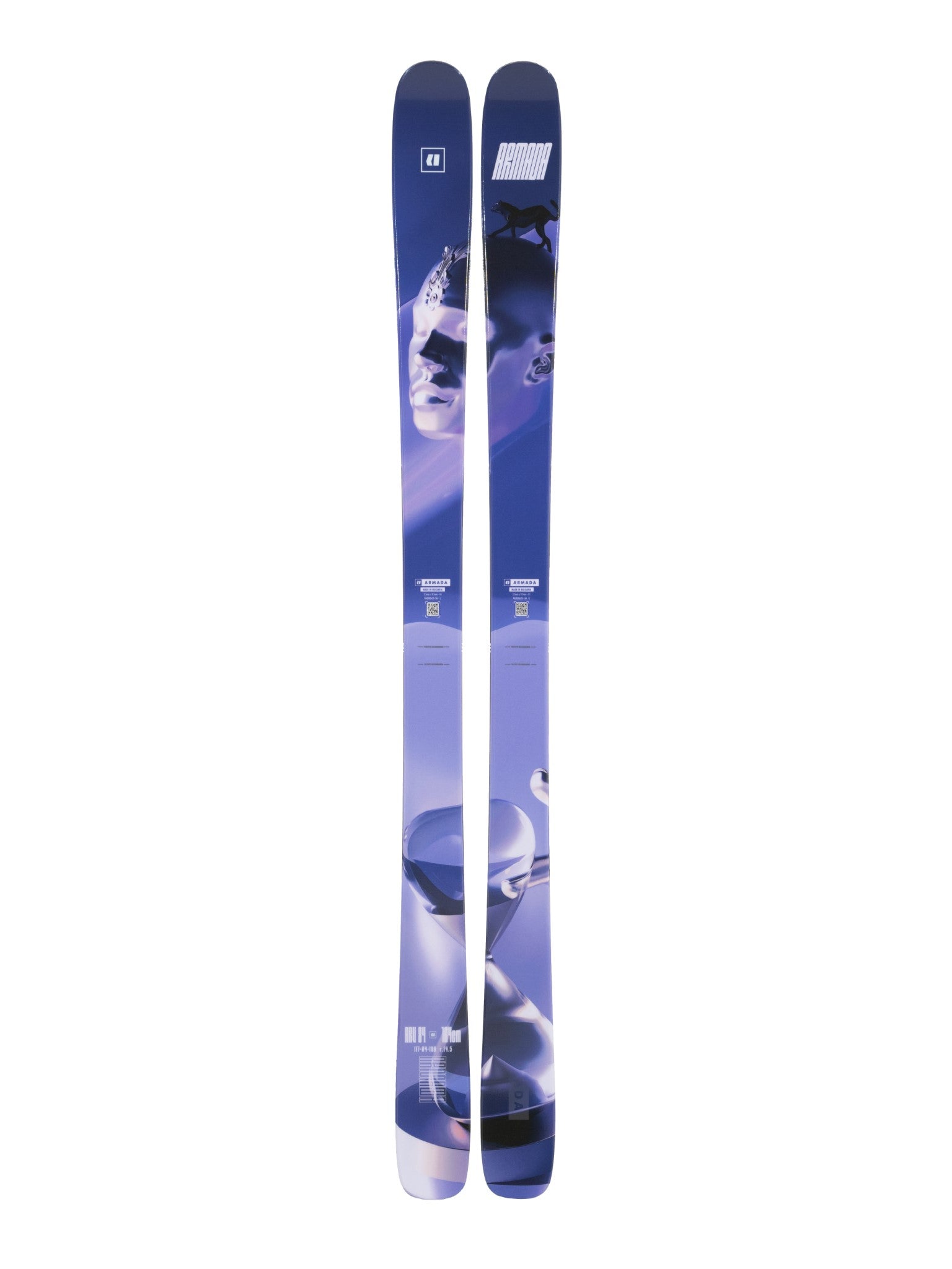 Armada ARV 84 Long Skis 2025 - A pair of skis with a blue and white color scheme, featuring a graphic design on the top sheet that includes a mountain range and trees.