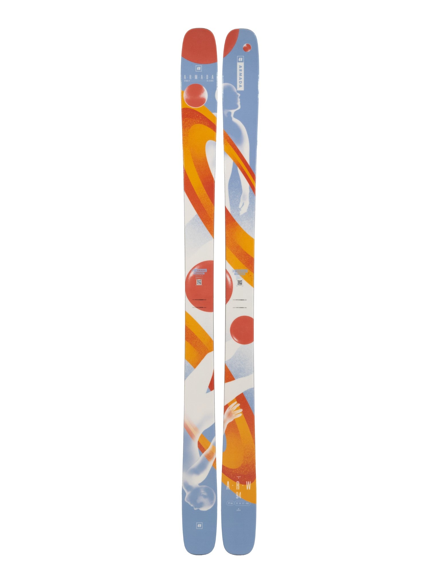 Armada Women's ARW 94 Skis 2025 - White skis with orange and yellow stripes, featuring a woman in white on the top sheet.