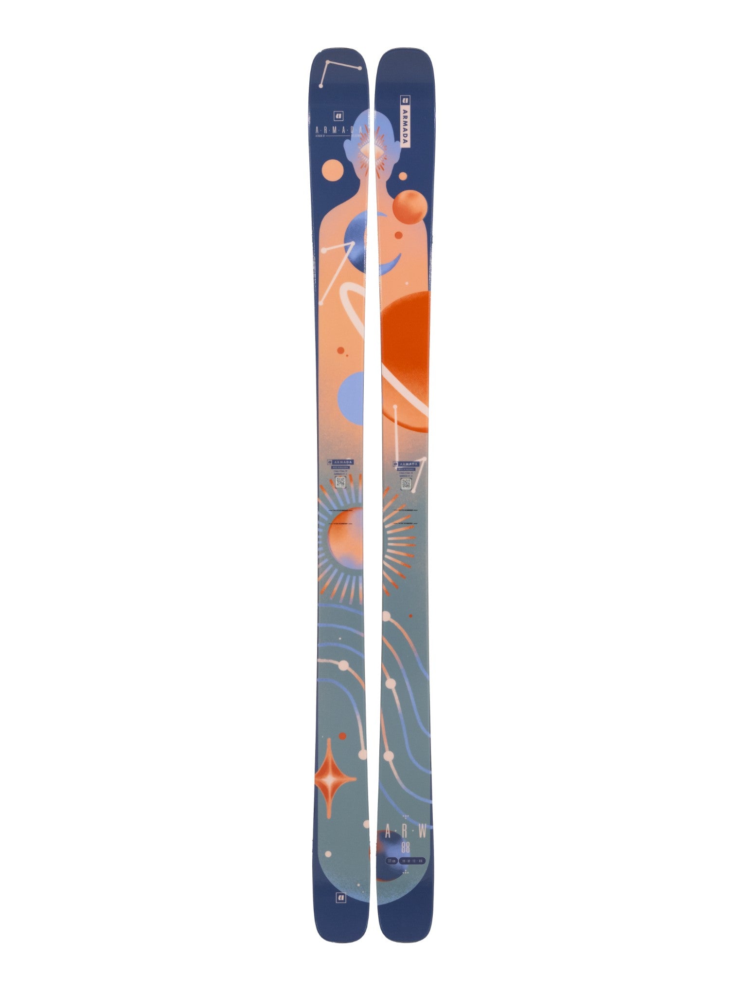 Armada Women's ARW 88 Skis 2025 - A pair of skis with a dark blue top and orange bottom, featuring white lettering that reads "ARW" on the tip.