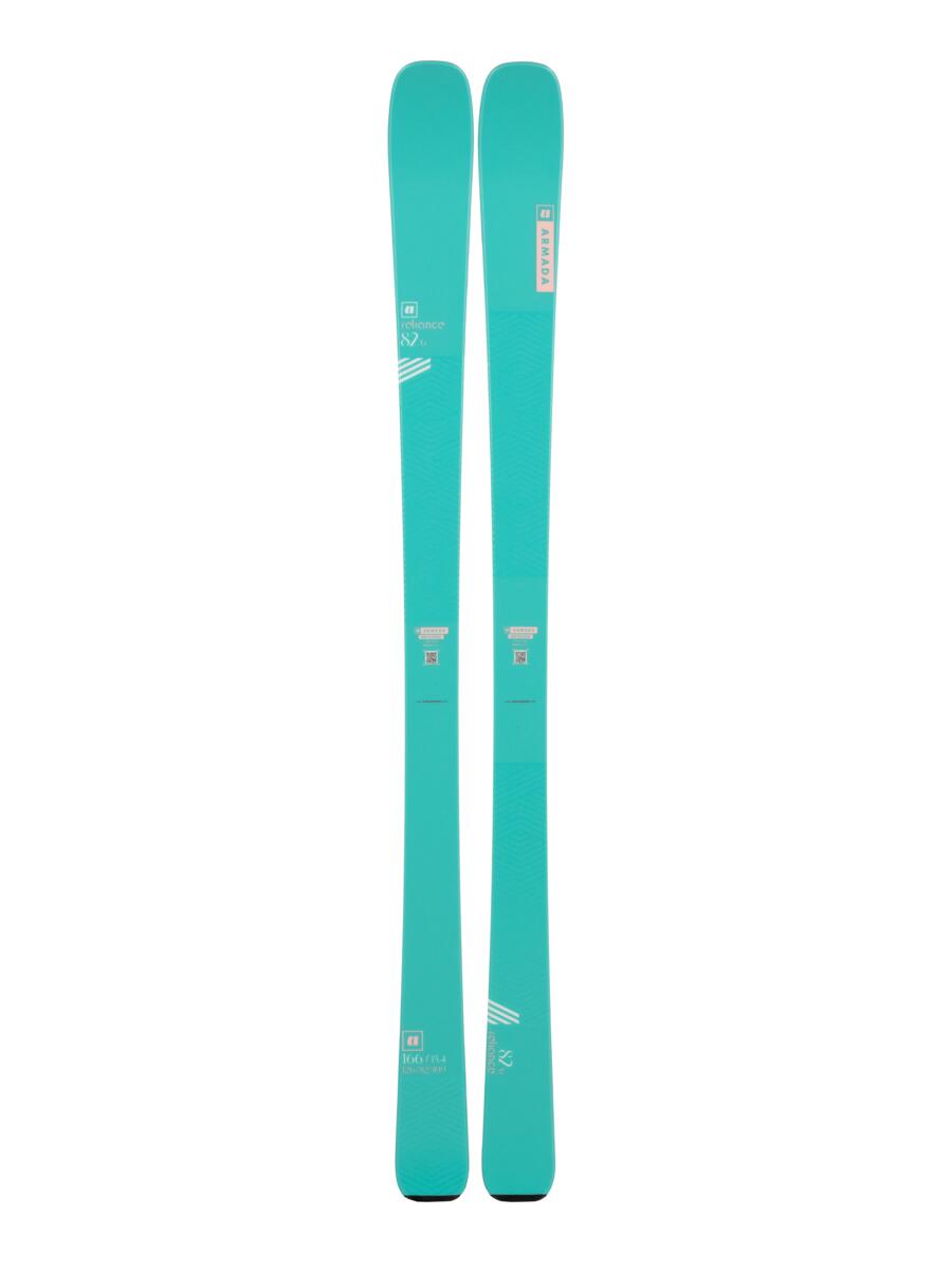 Armada Women's Relience 82 TI Skis 2025 - A pair of skis with a teal-colored base and white lettering on the top sheet.