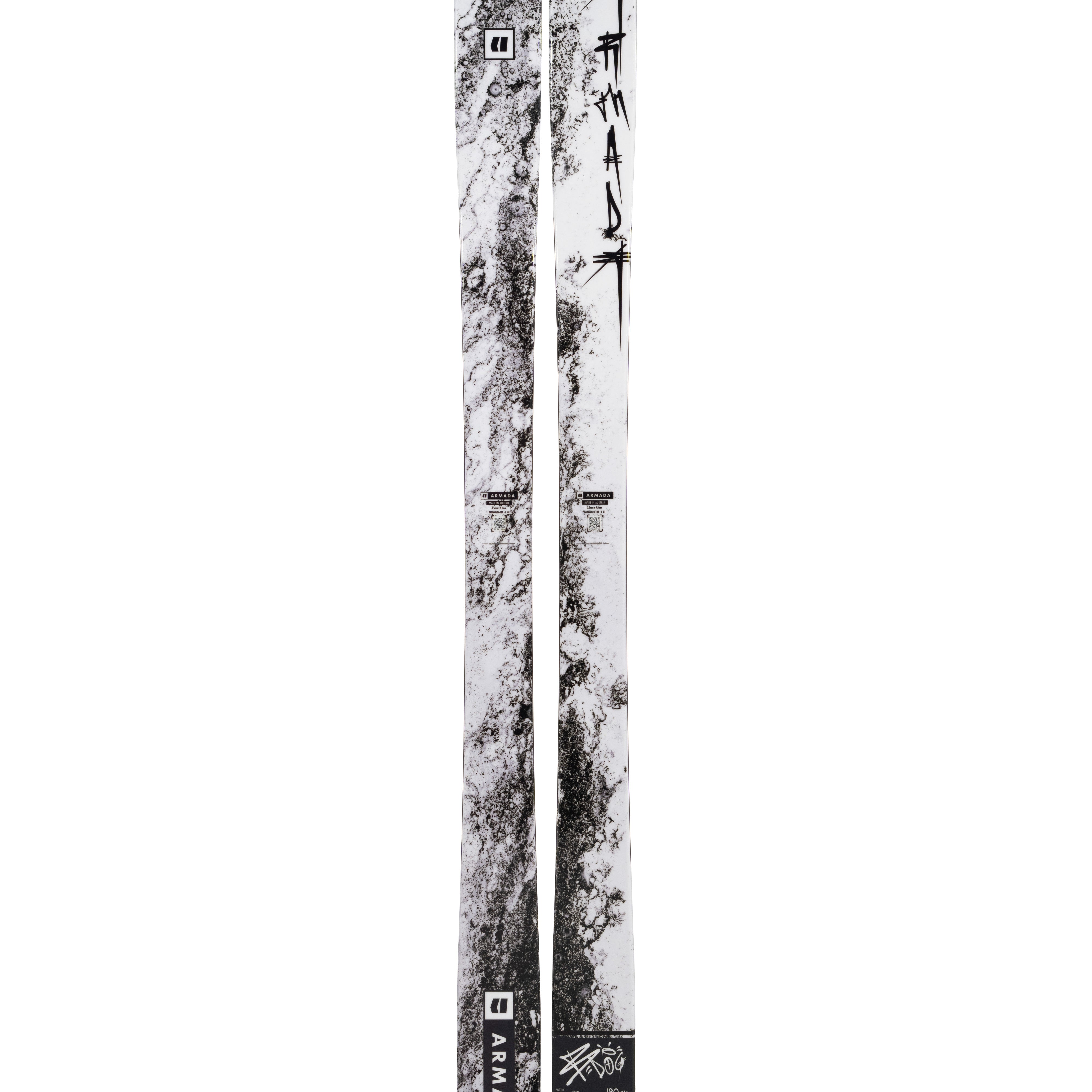 Armada BDOG Skis 2025 - White skis with black marbled pattern and distinctive "BDog" logo on top.